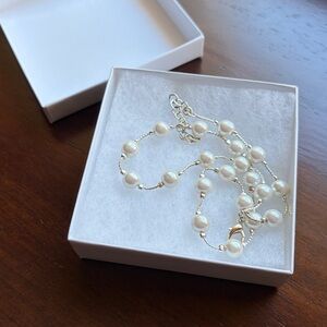 Dainty Silver Pearl Station Choker Necklace Approx. 16”